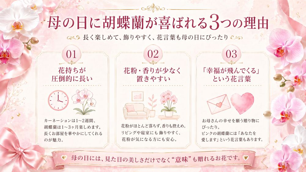 母の日に胡蝶蘭が喜ばれる3つの理由