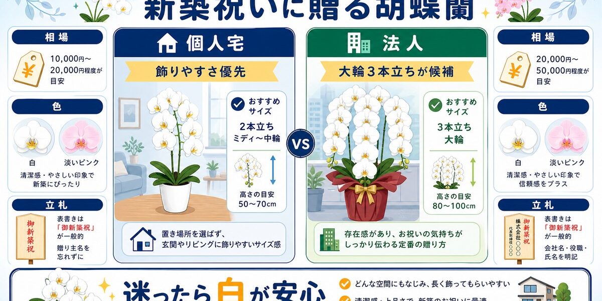 明るい新居の玄関に飾られた新築祝いの白い胡蝶蘭
