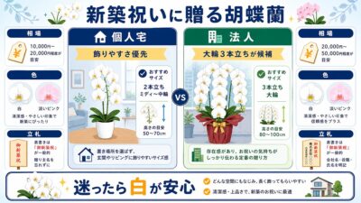 明るい新居の玄関に飾られた新築祝いの白い胡蝶蘭