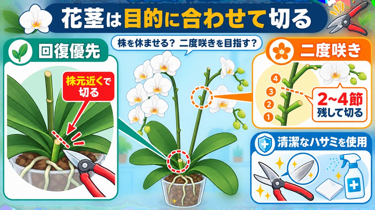 胡蝶蘭の花後に花茎を切る位置を示す図