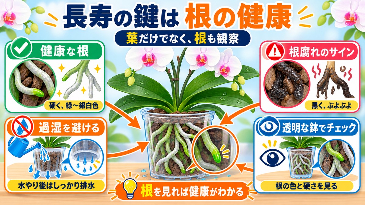 健康な胡蝶蘭の根と根腐れした根の比較