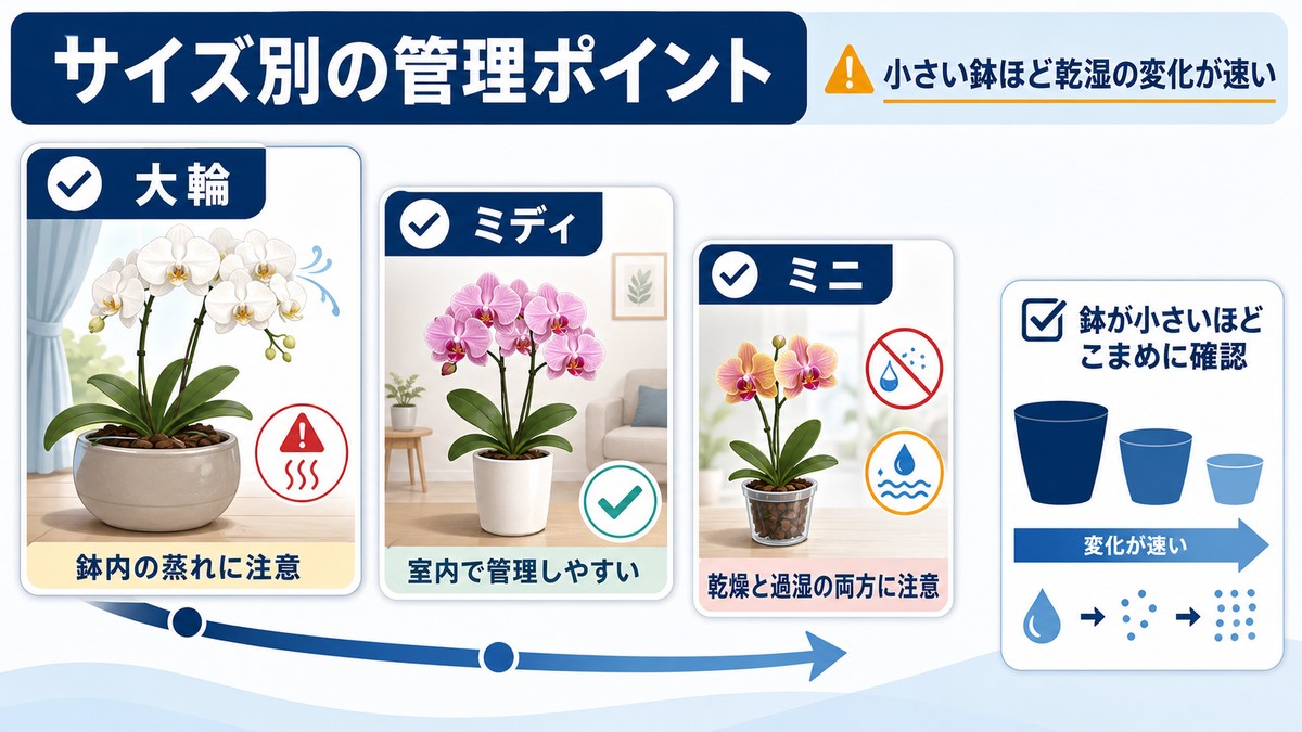 大輪とミディとミニ胡蝶蘭の鉢サイズ比較