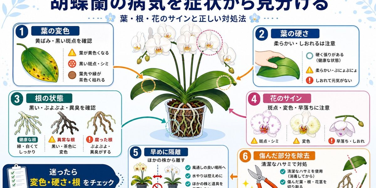 胡蝶蘭の葉と根を観察して病気の兆候を確認するイメージ