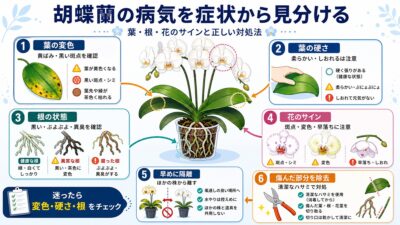 胡蝶蘭の葉と根を観察して病気の兆候を確認するイメージ