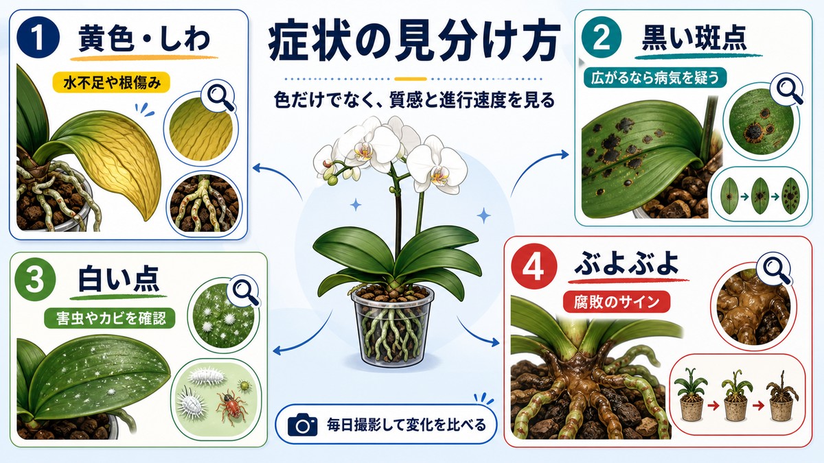 胡蝶蘭の葉の色や斑点から原因を絞り込む図解