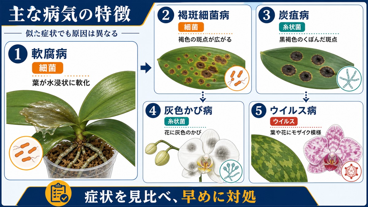 胡蝶蘭の軟腐病や炭疽病などの特徴をまとめた図解