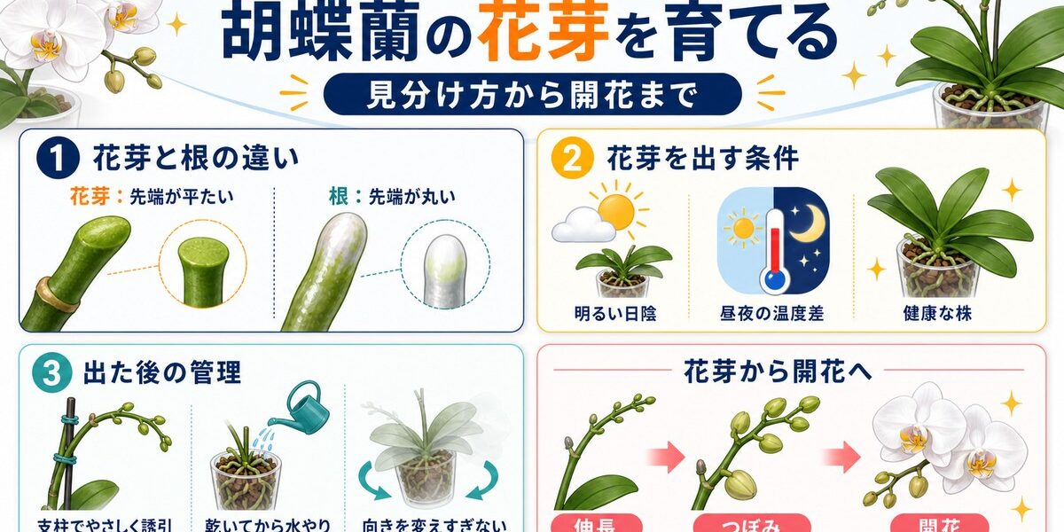 葉の間から花芽を伸ばす胡蝶蘭