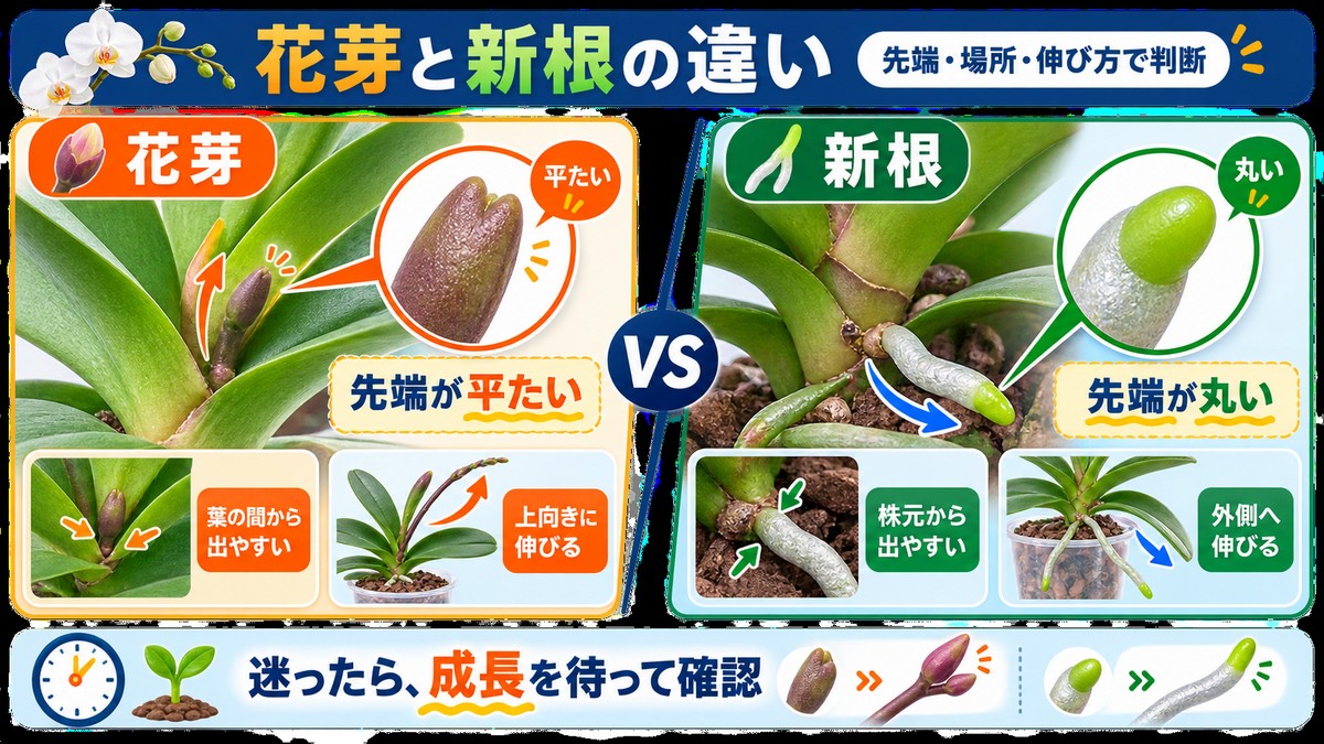 胡蝶蘭の花芽と新根の形を比較した図解