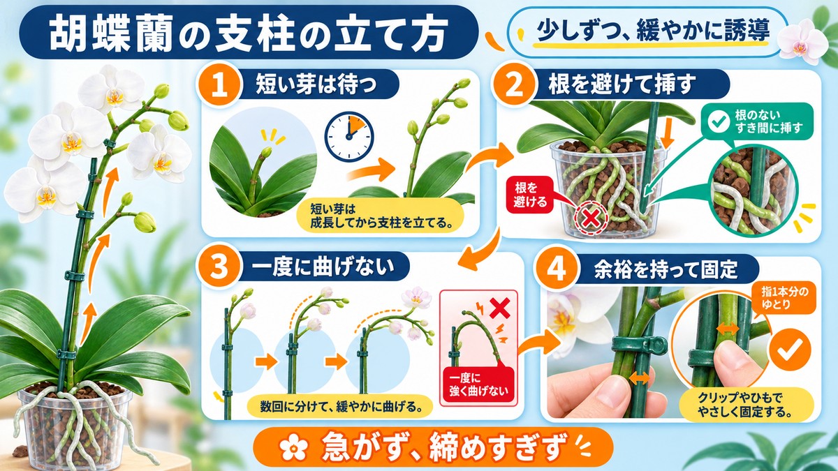 胡蝶蘭の花芽を支柱へ緩やかに固定する方法
