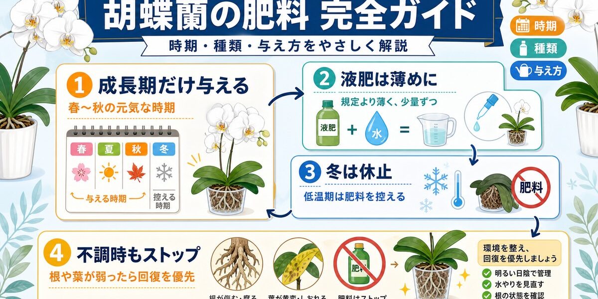 胡蝶蘭の鉢と液体肥料を並べた肥料管理のイメージ