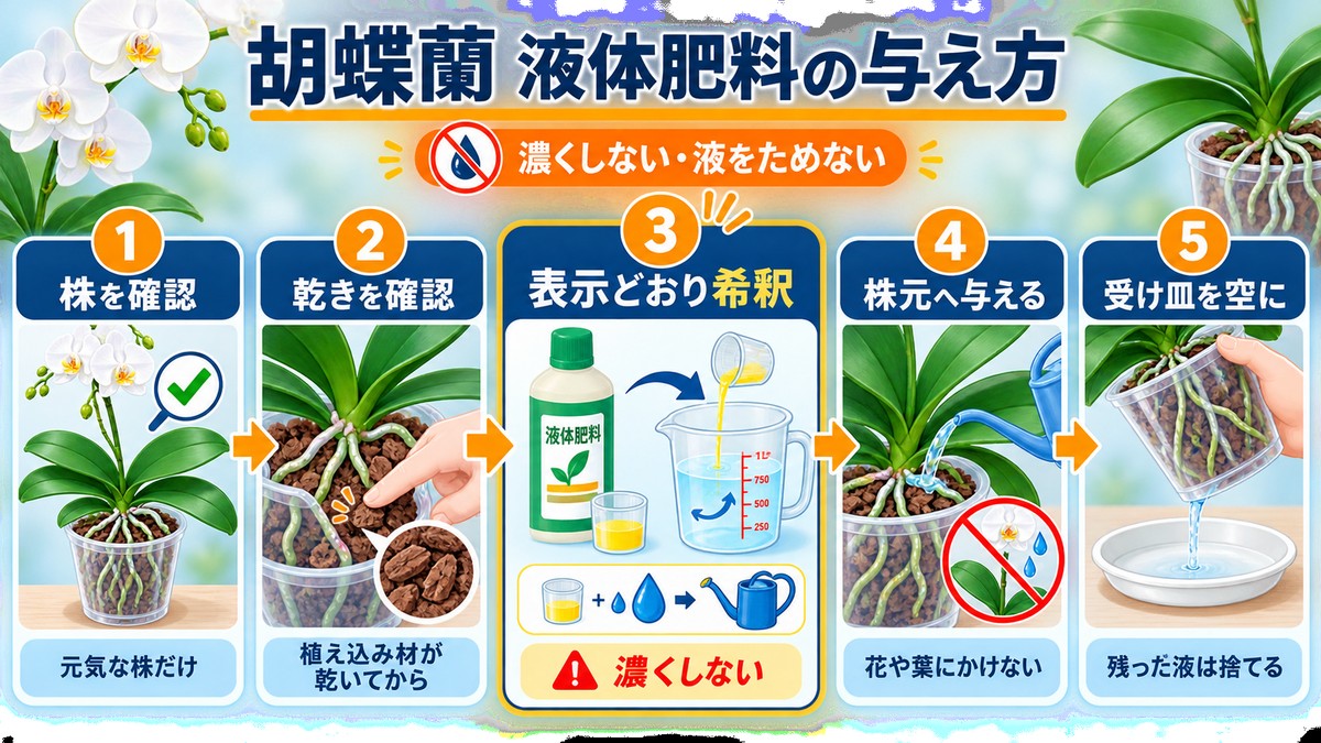 胡蝶蘭へ液体肥料を安全に与える5段階の手順図