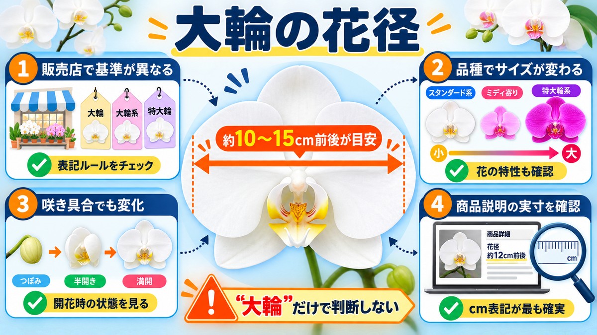 大輪胡蝶蘭の一輪の花径を示す図解