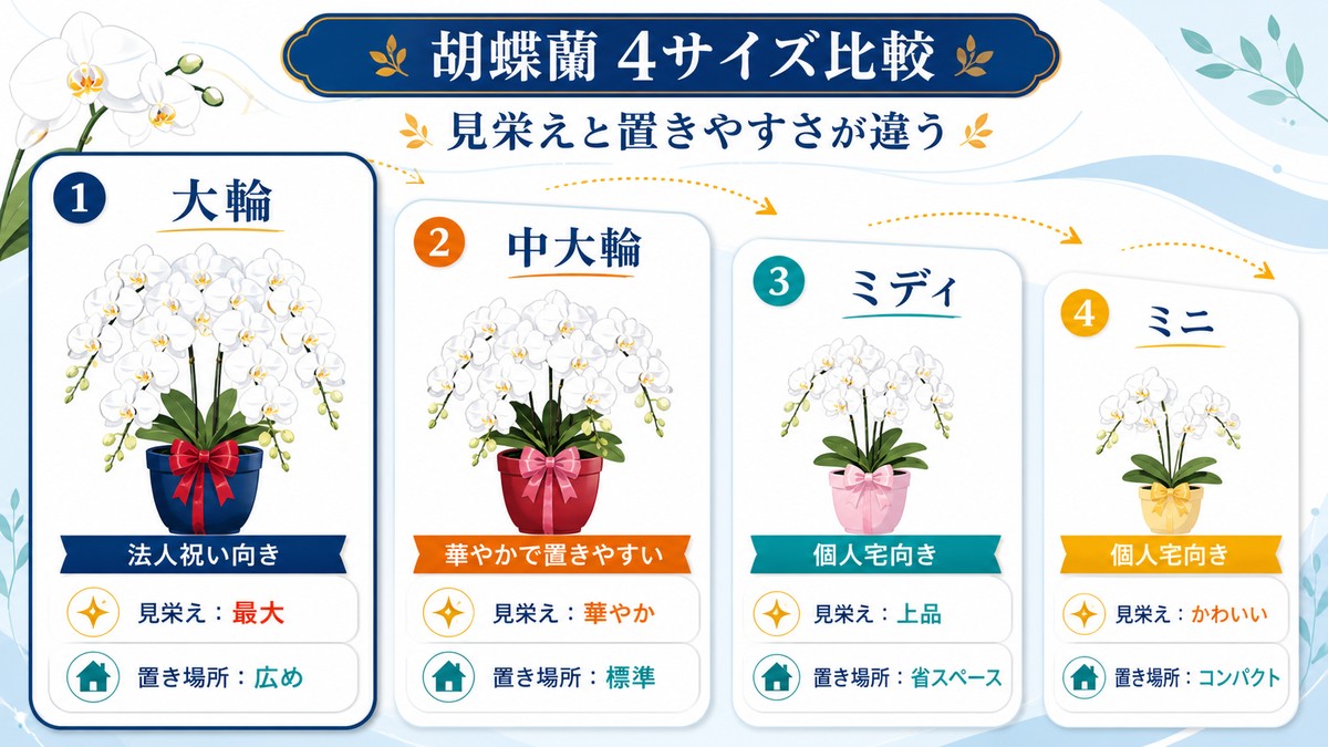 大輪・中大輪・ミディ・ミニ胡蝶蘭の比較図