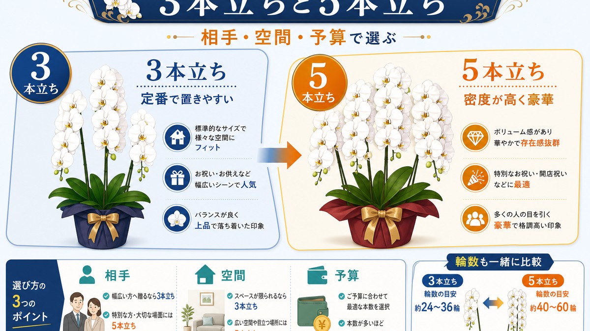 大輪胡蝶蘭3本立ちと5本立ちの違い