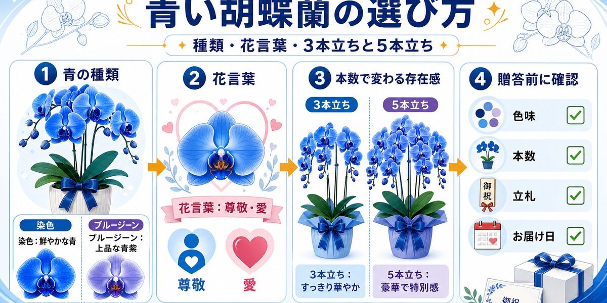 青い胡蝶蘭の3本立ちと5本立ちが並ぶ上品なギフトイメージ