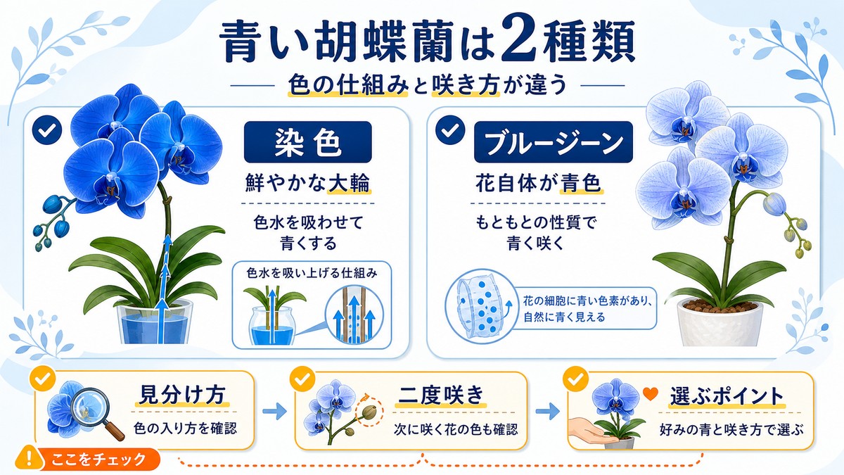 染色タイプとブルージーンの青い胡蝶蘭を比較した図