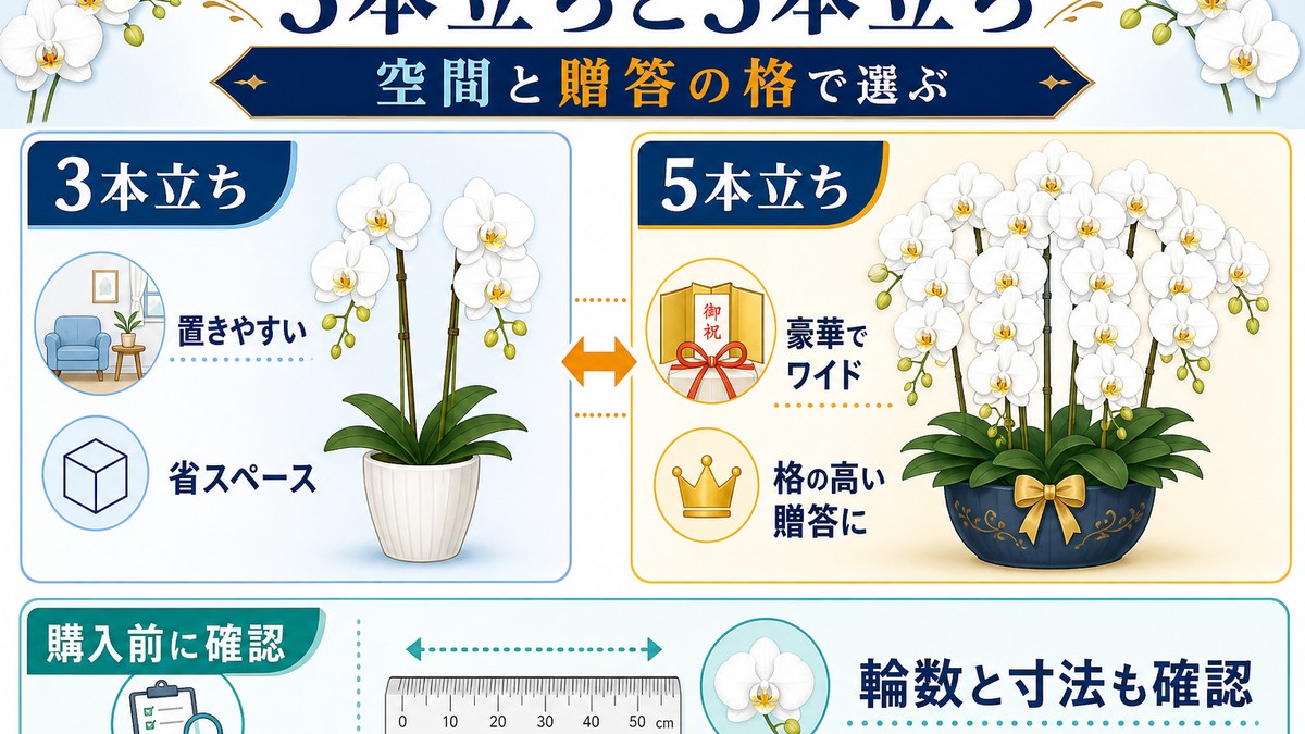 青い胡蝶蘭の3本立ちと5本立ちのボリューム比較