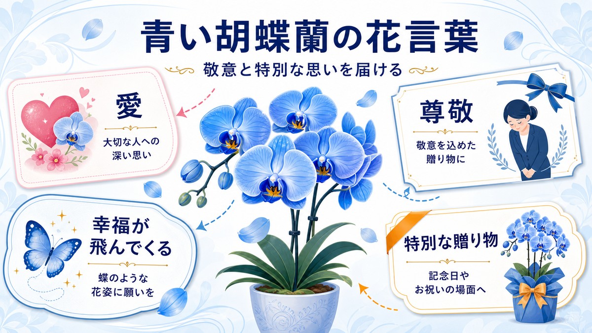 青い胡蝶蘭の花言葉と意味を示す図解