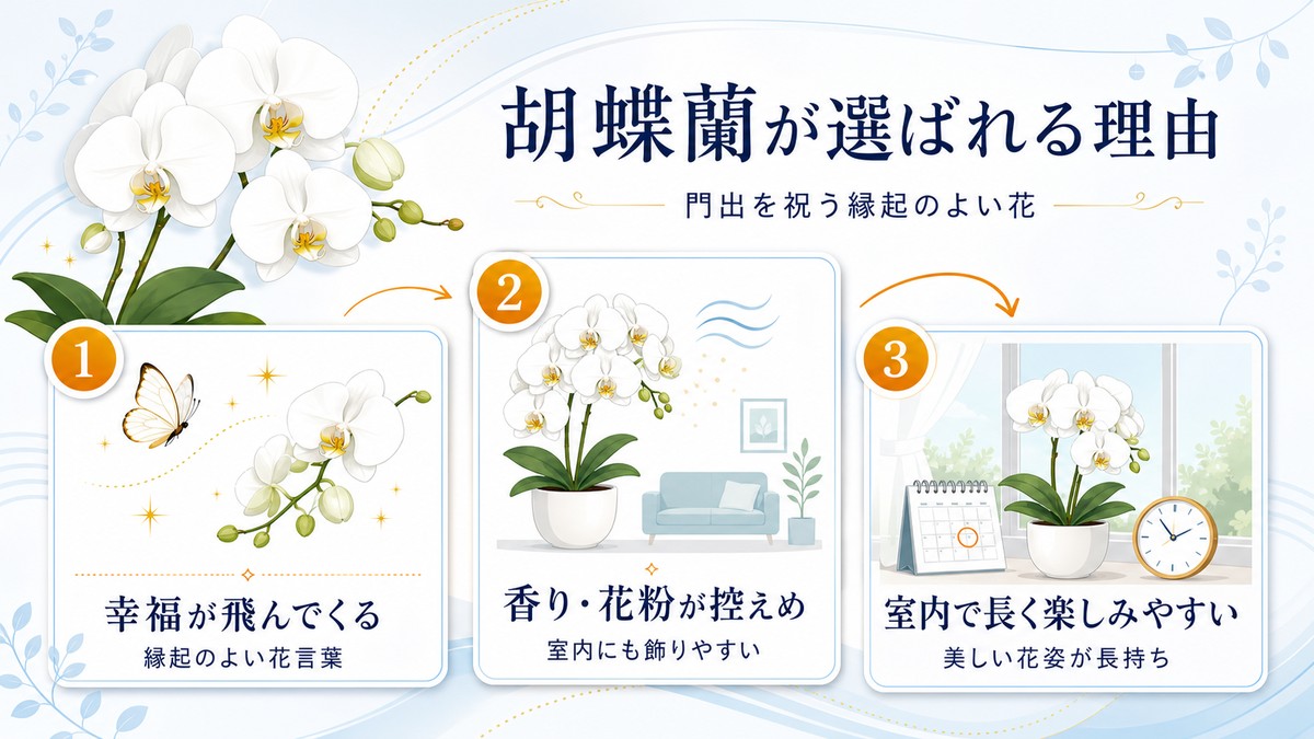 新居に胡蝶蘭を贈るメリットを示す図解