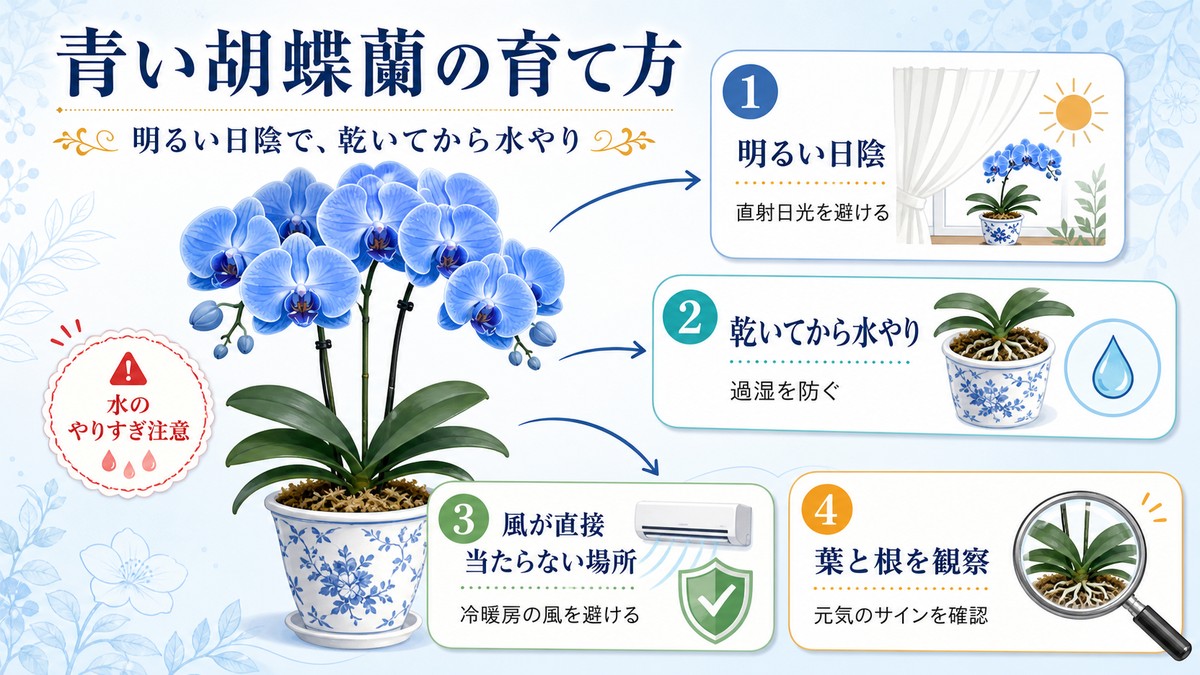 青い胡蝶蘭の置き場所と水やりを示す育て方の図