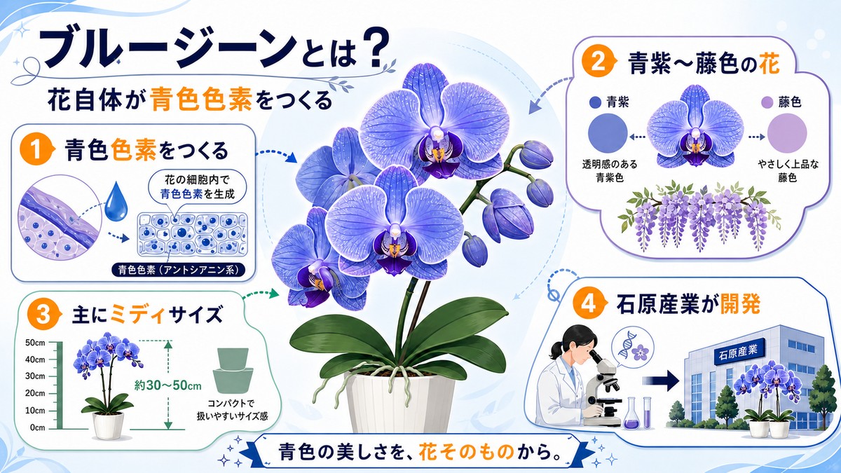 ブルージーン胡蝶蘭の特徴を示す図解