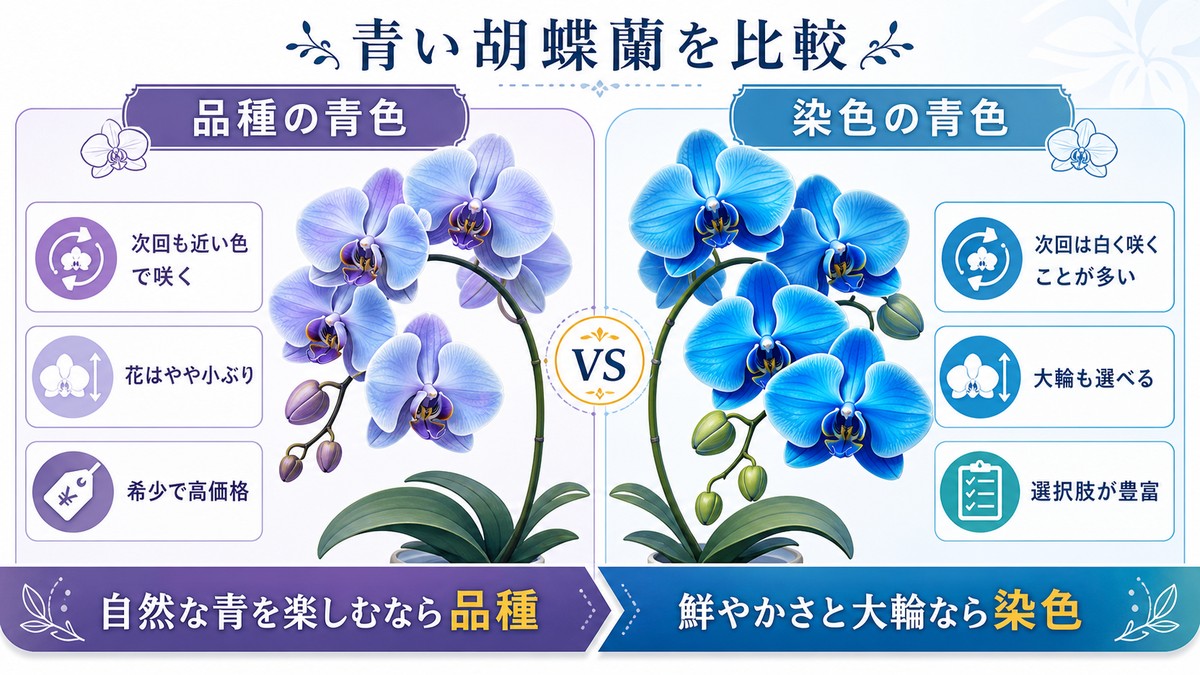 ブルージーンと染色した青い胡蝶蘭の違いを比較する図