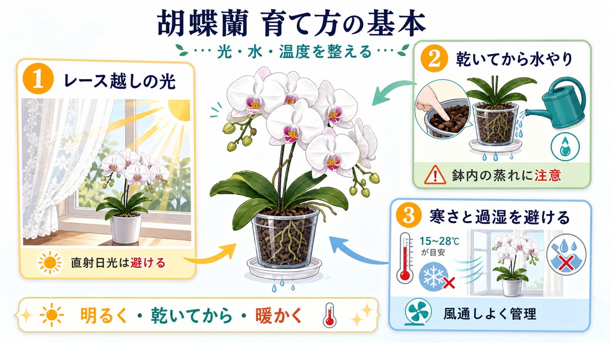 ブルージーン胡蝶蘭の置き場所と水やりを示す育て方図解