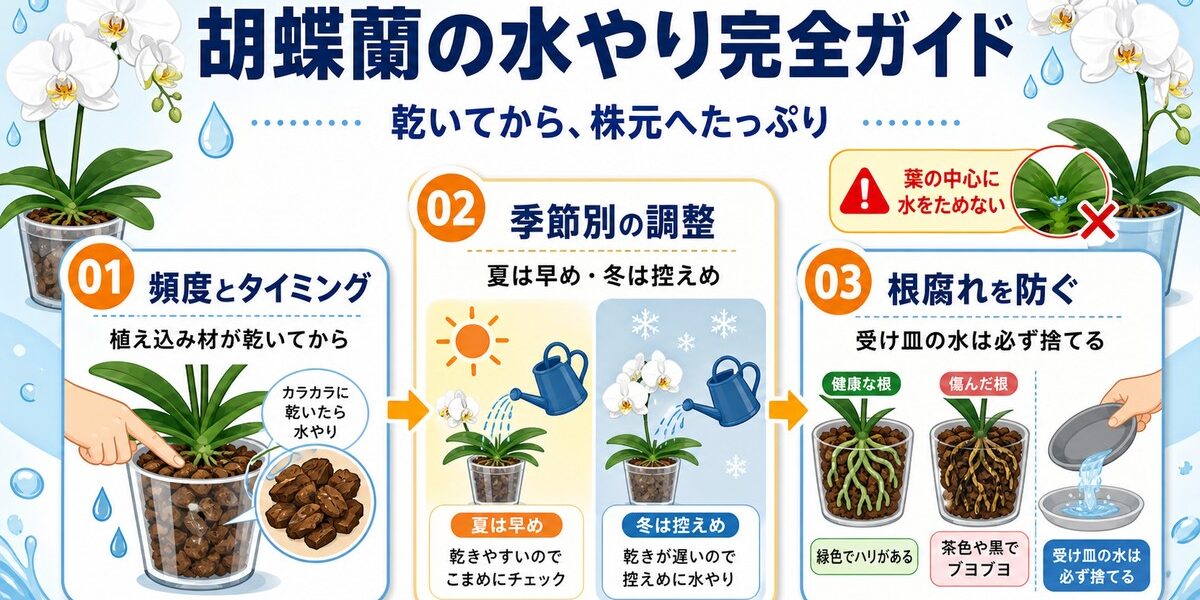 室内で白い胡蝶蘭の鉢へ正しく水やりをする様子
