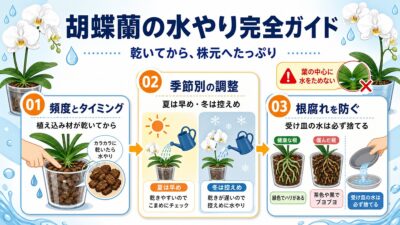 室内で白い胡蝶蘭の鉢へ正しく水やりをする様子
