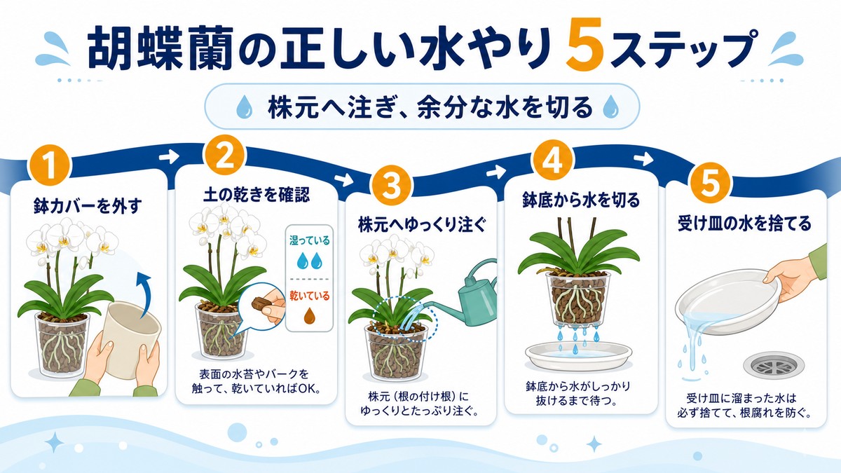 胡蝶蘭へ水を与えて排水するまでの5ステップ図解