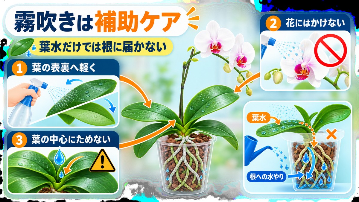 胡蝶蘭へ霧吹きで葉水をする正しい位置の図解