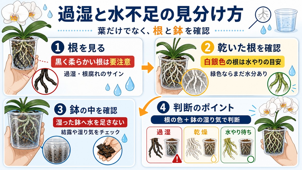 胡蝶蘭の根腐れと水不足の症状を比較する図解