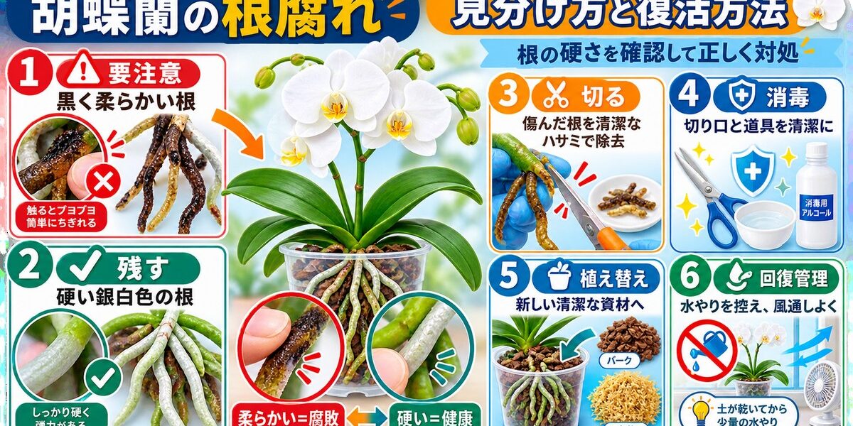 健康な根と根腐れした根を並べた胡蝶蘭の鉢