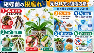 健康な根と根腐れした根を並べた胡蝶蘭の鉢