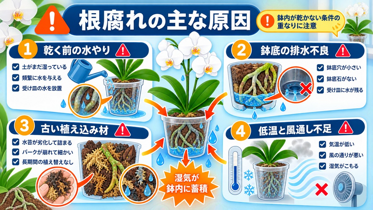 胡蝶蘭の根腐れを引き起こす水やりと通気不良の図解