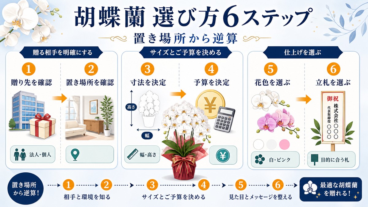 新築祝いの胡蝶蘭を選ぶ6ステップの図解