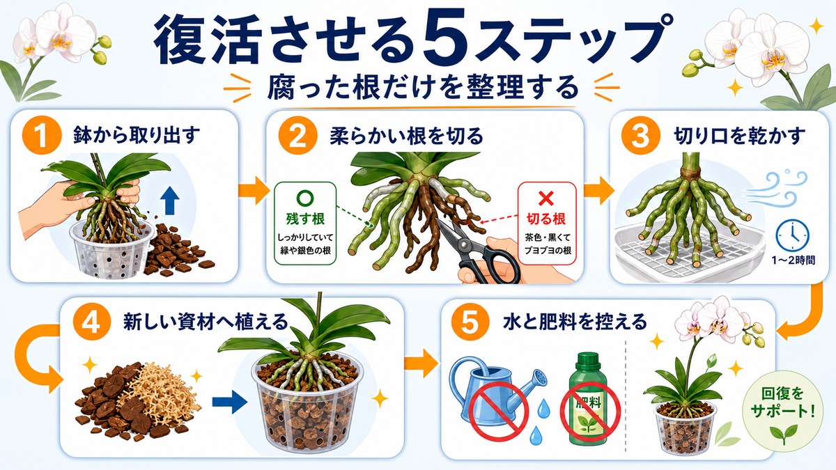 根腐れした胡蝶蘭を鉢から出して植え替える手順