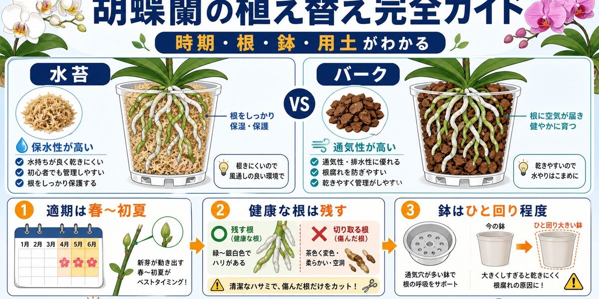 明るい室内で胡蝶蘭を植え替える様子