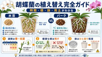 明るい室内で胡蝶蘭を植え替える様子
