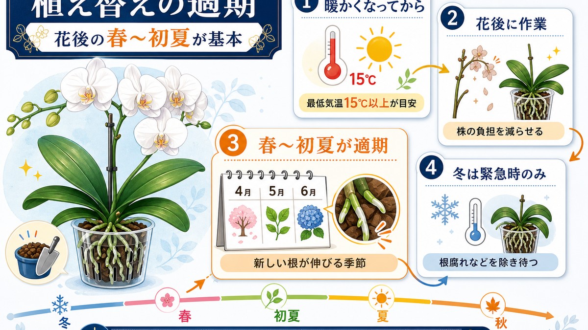 胡蝶蘭の植え替えに適した時期を示す季節図