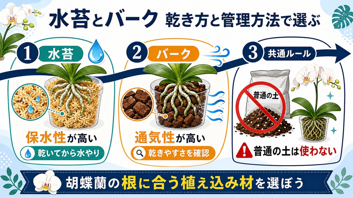 胡蝶蘭用の水苔とバークを比較した図