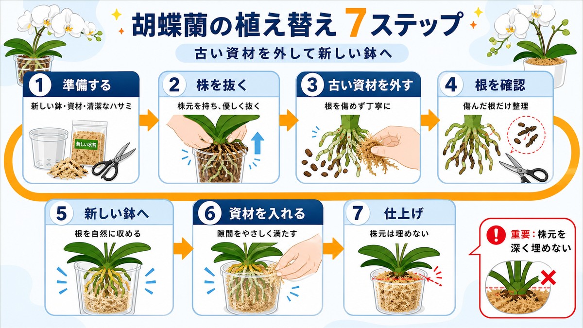 胡蝶蘭を鉢から抜いて植え替える手順