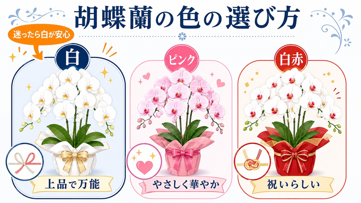 白・ピンク・白赤・黄色の胡蝶蘭の色比較