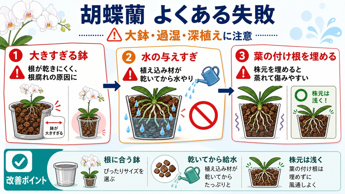 胡蝶蘭の植え替えで避けたい失敗の図解