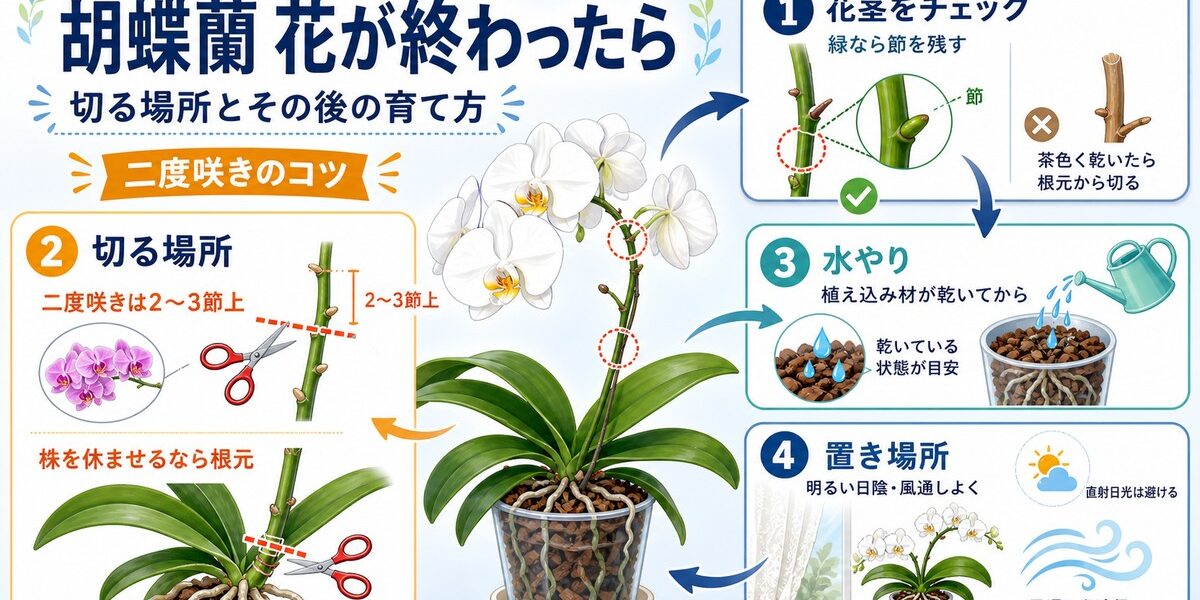 花が終わった胡蝶蘭と剪定後の手入れを表したアイキャッチ