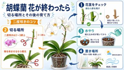 花が終わった胡蝶蘭と剪定後の手入れを表したアイキャッチ
