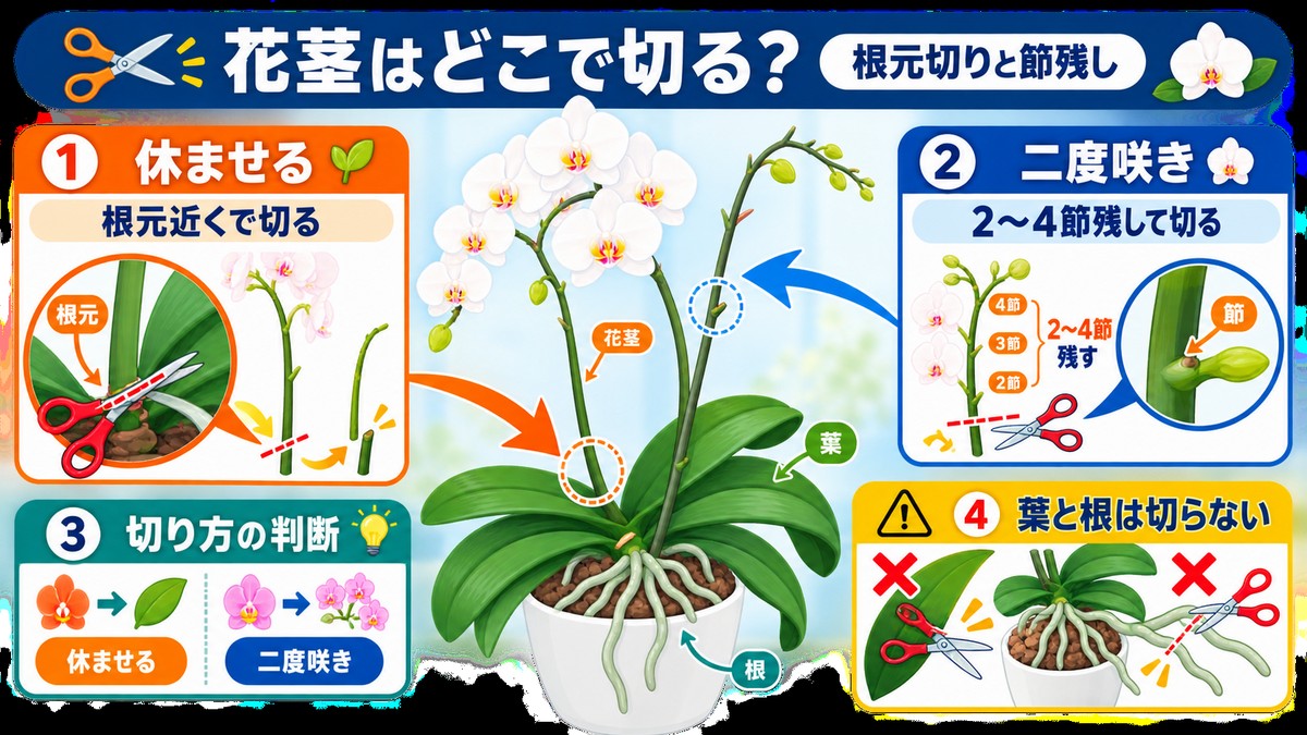 胡蝶蘭の花茎を根元切りと節残しで切る位置の比較図