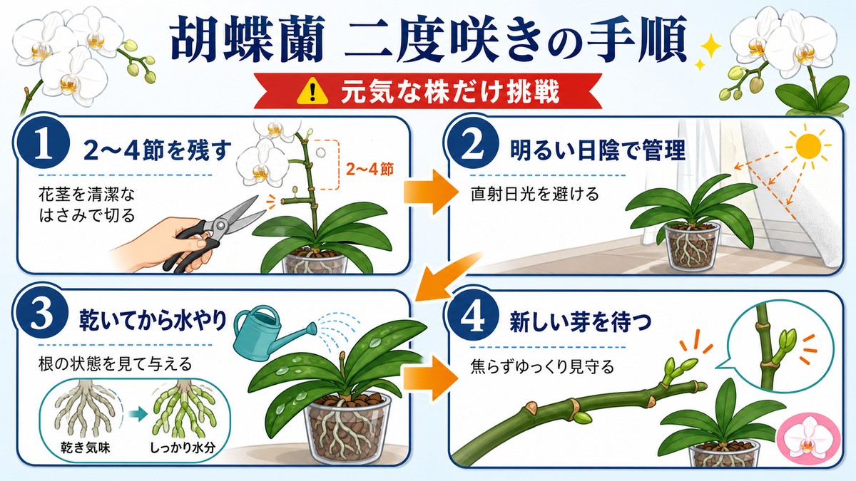 胡蝶蘭を二度咲きさせるための手順図