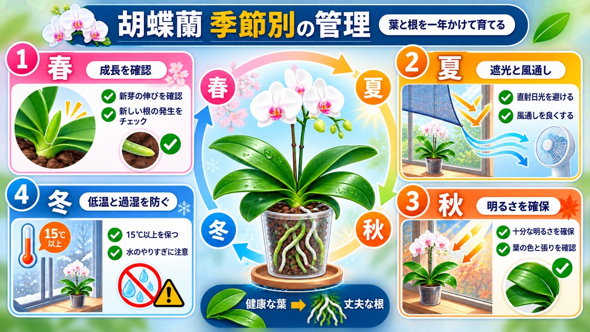 胡蝶蘭の春夏秋冬の管理ポイント一覧