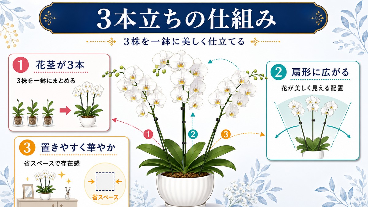 胡蝶蘭3本立ちの3株と3本の花茎を示す図解